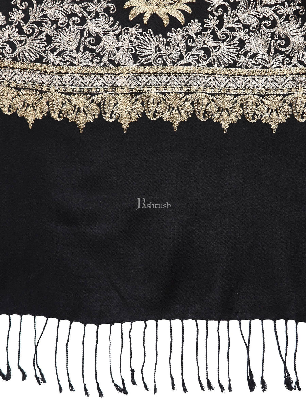 Pashtush India Womens Stoles and Scarves Scarf Pashtush Womens Fine Wool, Silky Nalki Embroidery Needlework Stole, Black