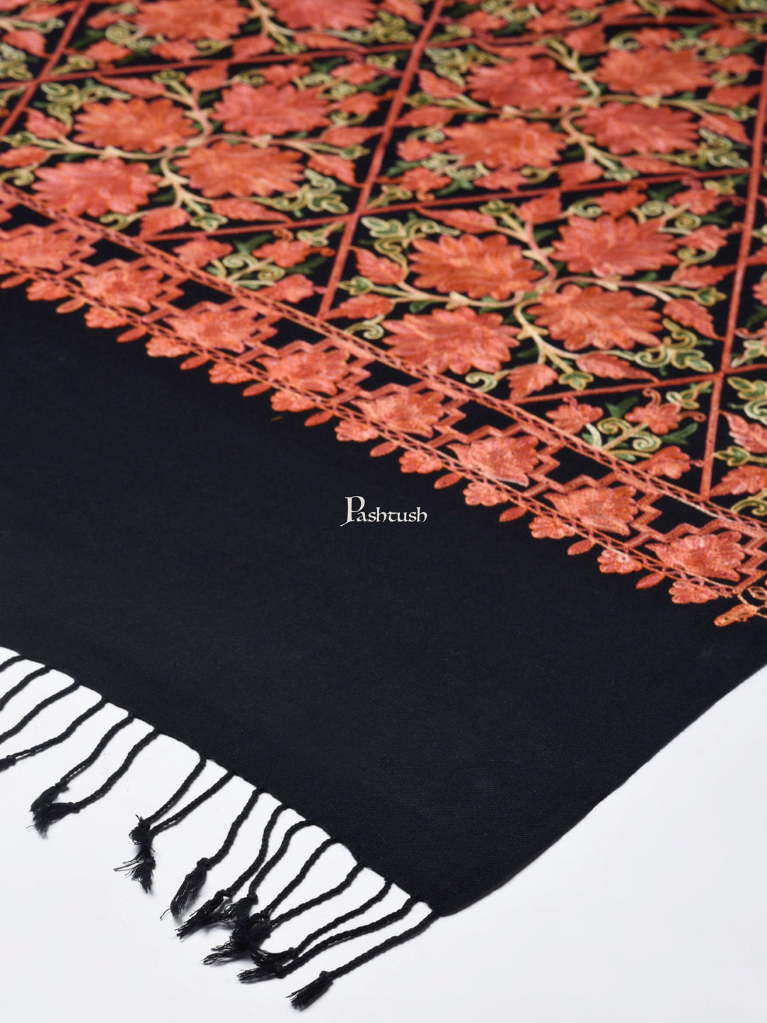 Pashtush India Womens Stoles and Scarves Scarf Pashtush Womens Fine Wool, Silky Nalki Embroidery Needlework Stole, Black