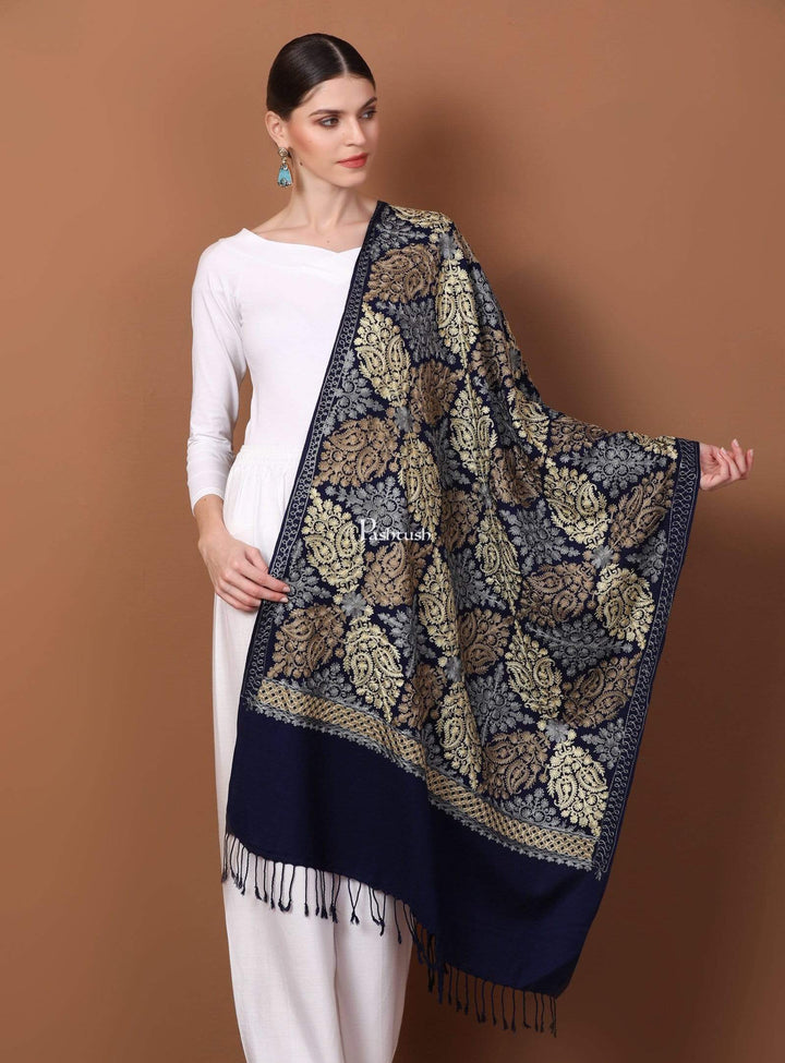 Pashtush Store Stole Pashtush Womens Fine Wool, Silky Nalki Embroidery Needlework Stole, Navy Blue