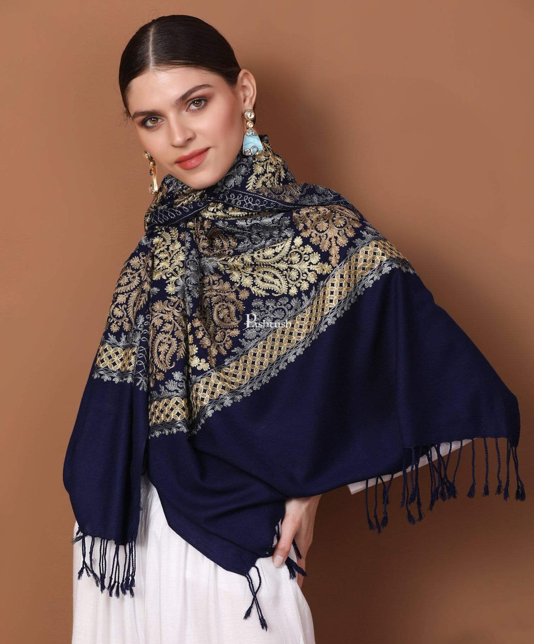 Pashtush Store Stole Pashtush Womens Fine Wool, Silky Nalki Embroidery Needlework Stole, Navy Blue