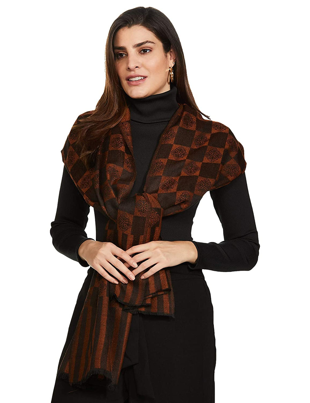 Pashtush India 70x200 Pashtush Womens Fine Wool, Soft and Warm, Checkered stole, Amber Black