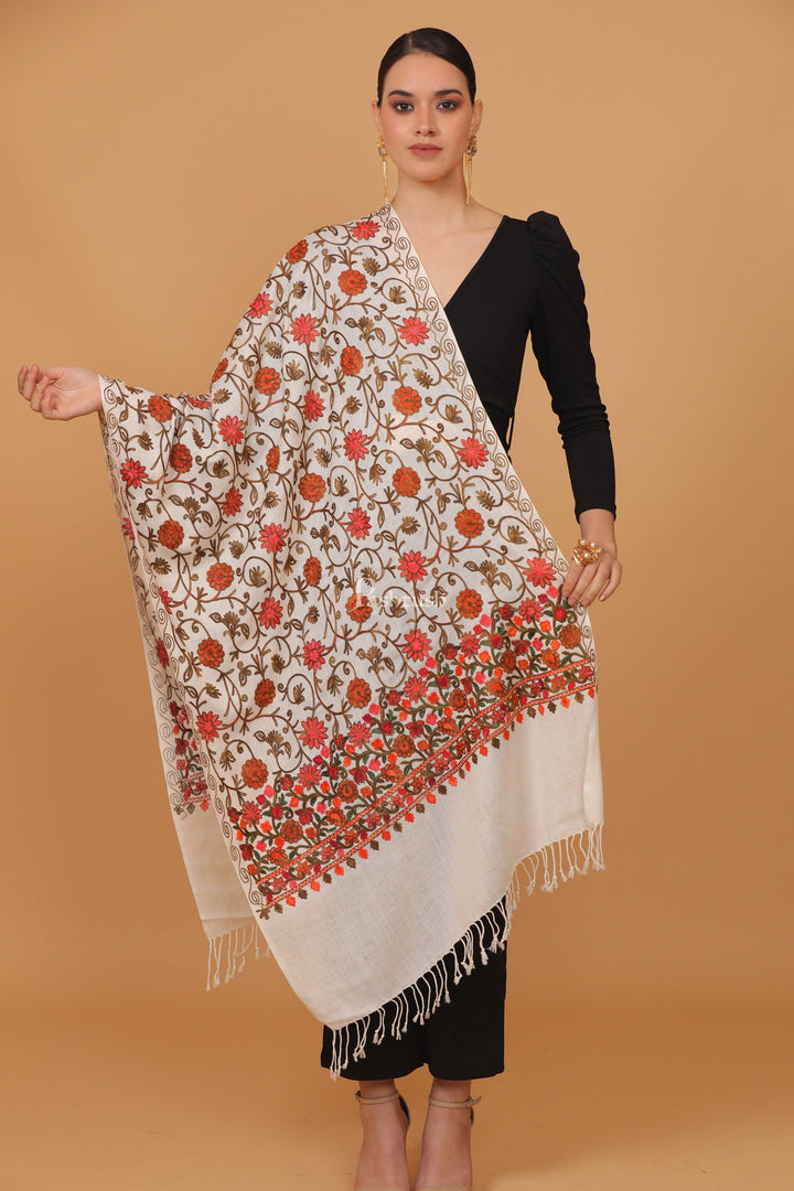 Pashtush India Womens Stoles and Scarves Scarf Pashtush womens Fine Wool stole, aari embroidery jaal design, Ivory