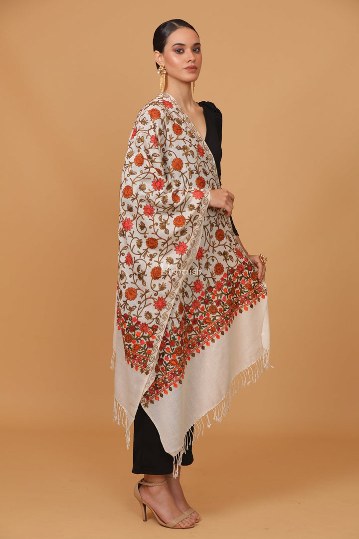 Pashtush India Womens Stoles and Scarves Scarf Pashtush womens Fine Wool stole, aari embroidery jaal design, Ivory