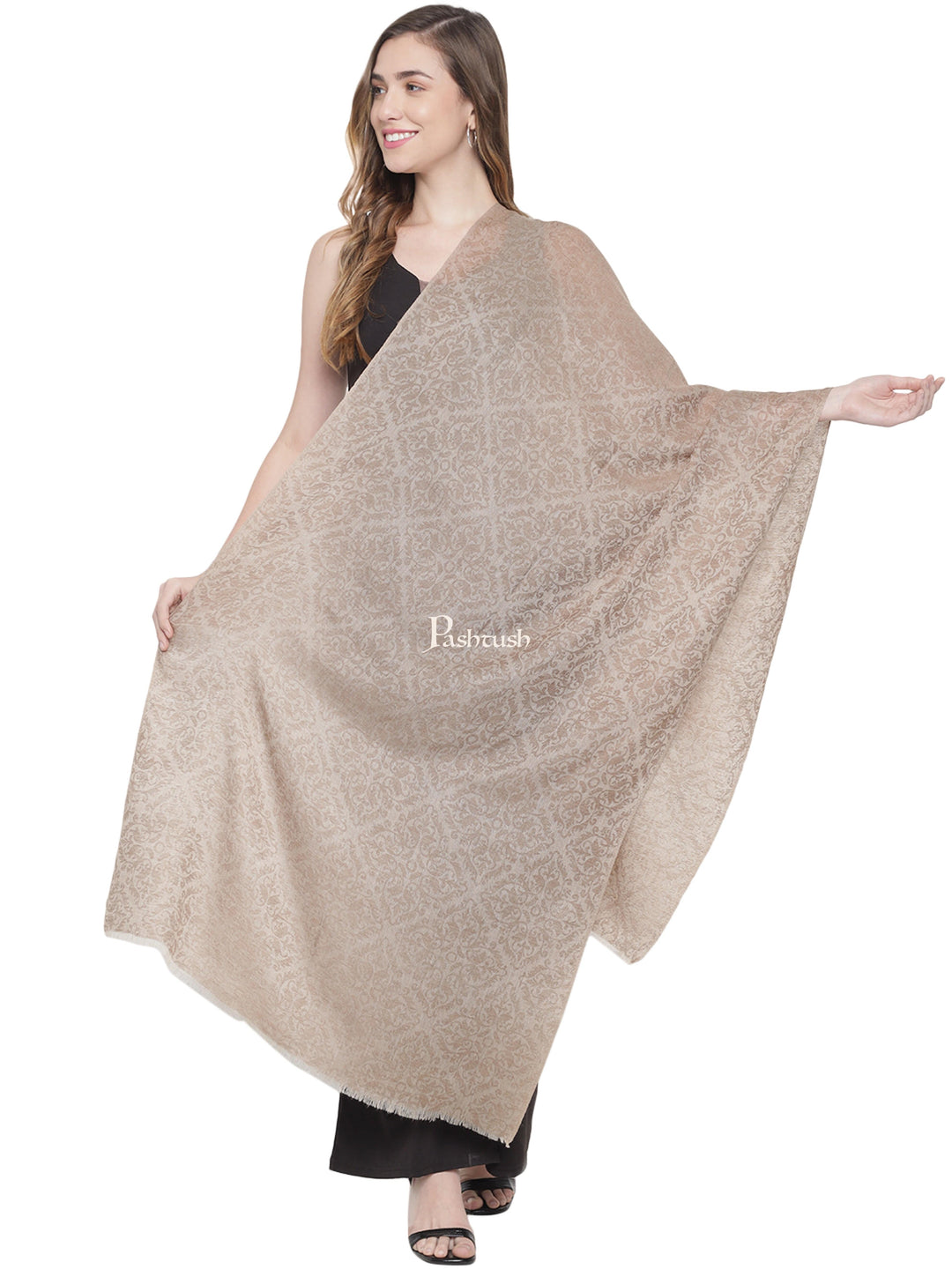 Pashtush India Womens Stoles and Scarves Scarf Pashtush Womens Fine Wool Stole, Persian Design, Soft and Warm, Natural Beige