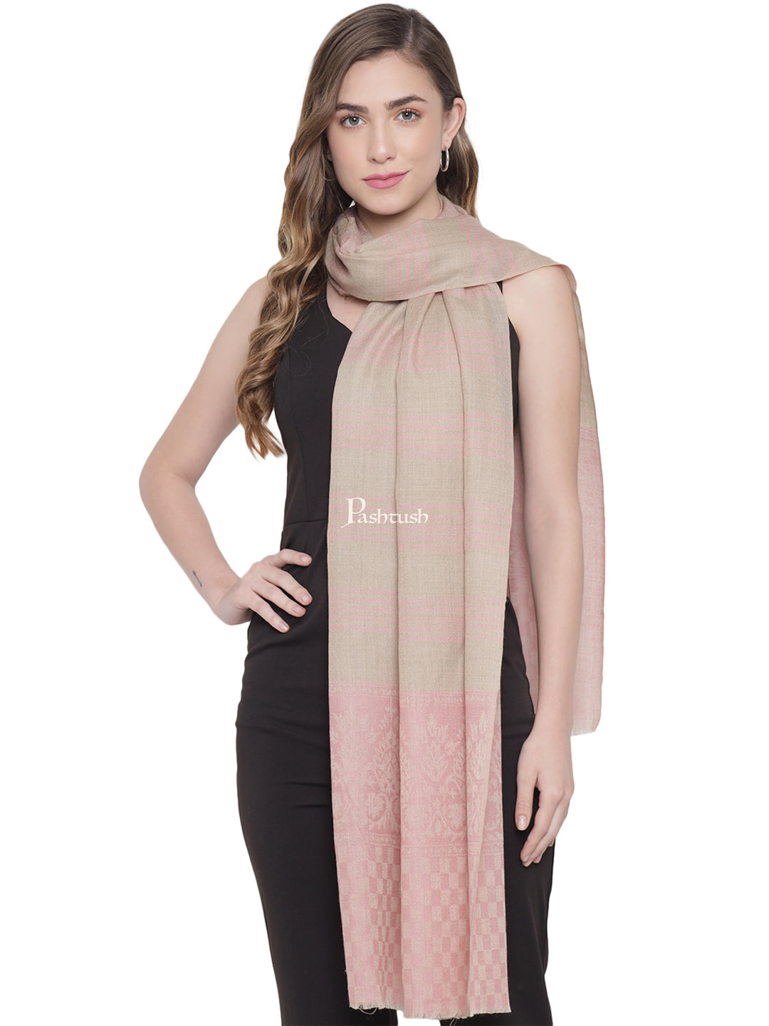 Pashtush India Womens Stoles and Scarves Scarf Pashtush Womens Fine Wool Stole, Striped Weave, Beige and Pink