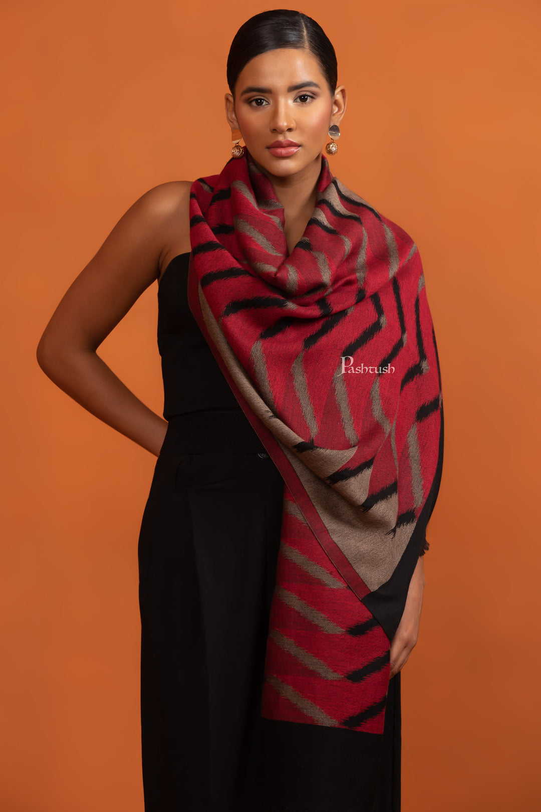 Pashtush India womens scarf and Stoles Pashtush Womens Fine Wool Stole, With Ikkat Weave Pattern, Soft and Warm, Merlot