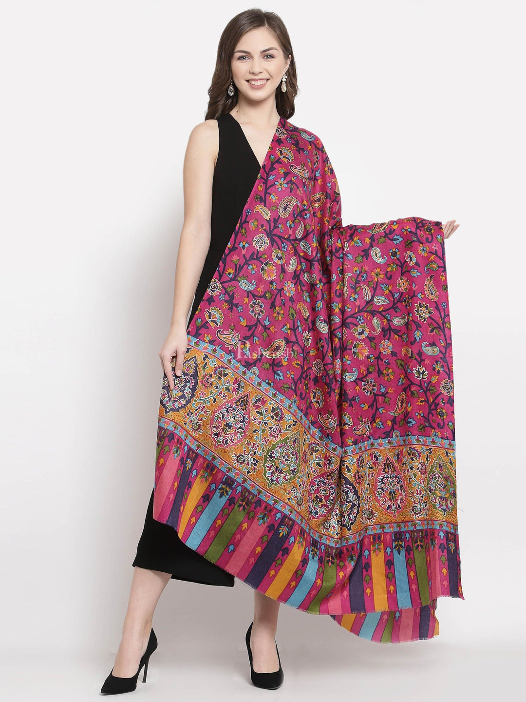 Pashtush India Womens Shawls Pashtush Womens Hand Embroidered Kalamkari Shawl, Fine Wool