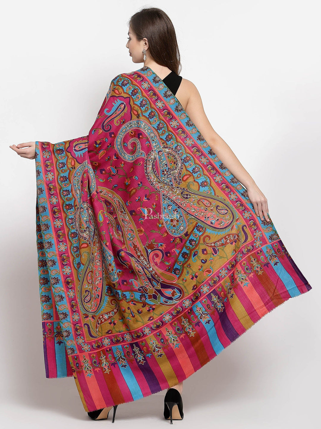 Pashtush India Womens Shawls Pashtush Womens Hand Embroidered Kalamkari Shawl, Soft And Warm, Light Weight Fine Wool