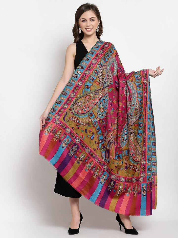 Pashtush India Womens Shawls Pashtush Womens Hand Embroidered Kalamkari Shawl, Soft And Warm, Light Weight Fine Wool