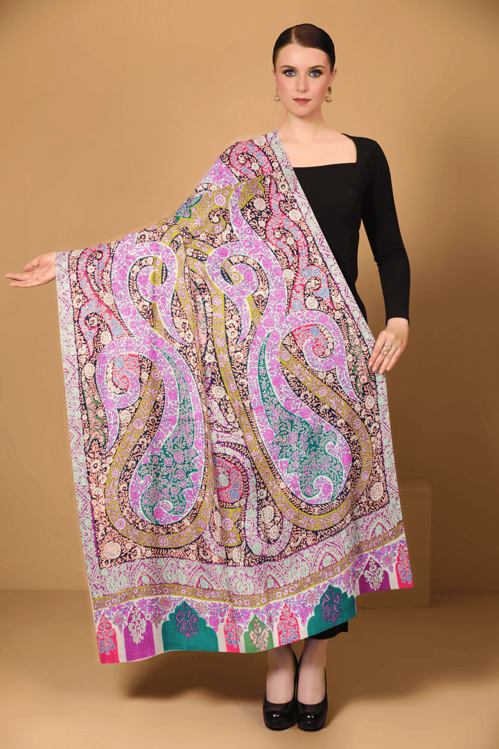 Pashtush India Womens Shawls Pashtush Womens, Handmade Pashmina Embroidery Shawl, Gulaabdar Papier Mache Embroidery with Resham Threadwork, Multicoloured