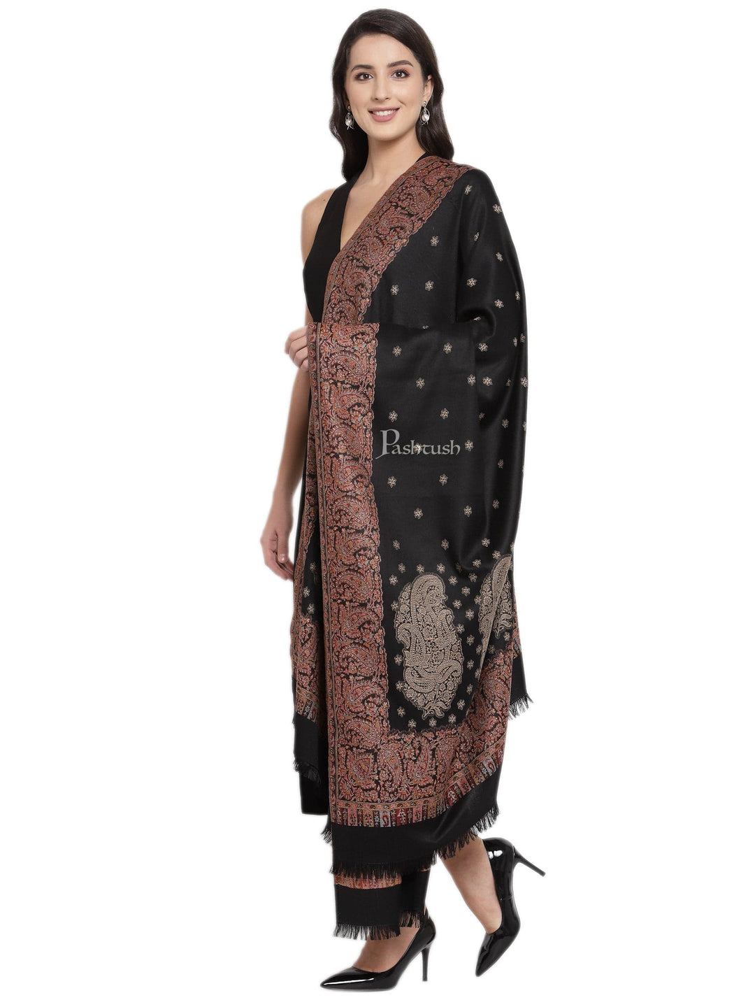 Pashtush India Womens Shawls Pashtush Womens Jamawar Shawl, Soft Faux Pashmina Black