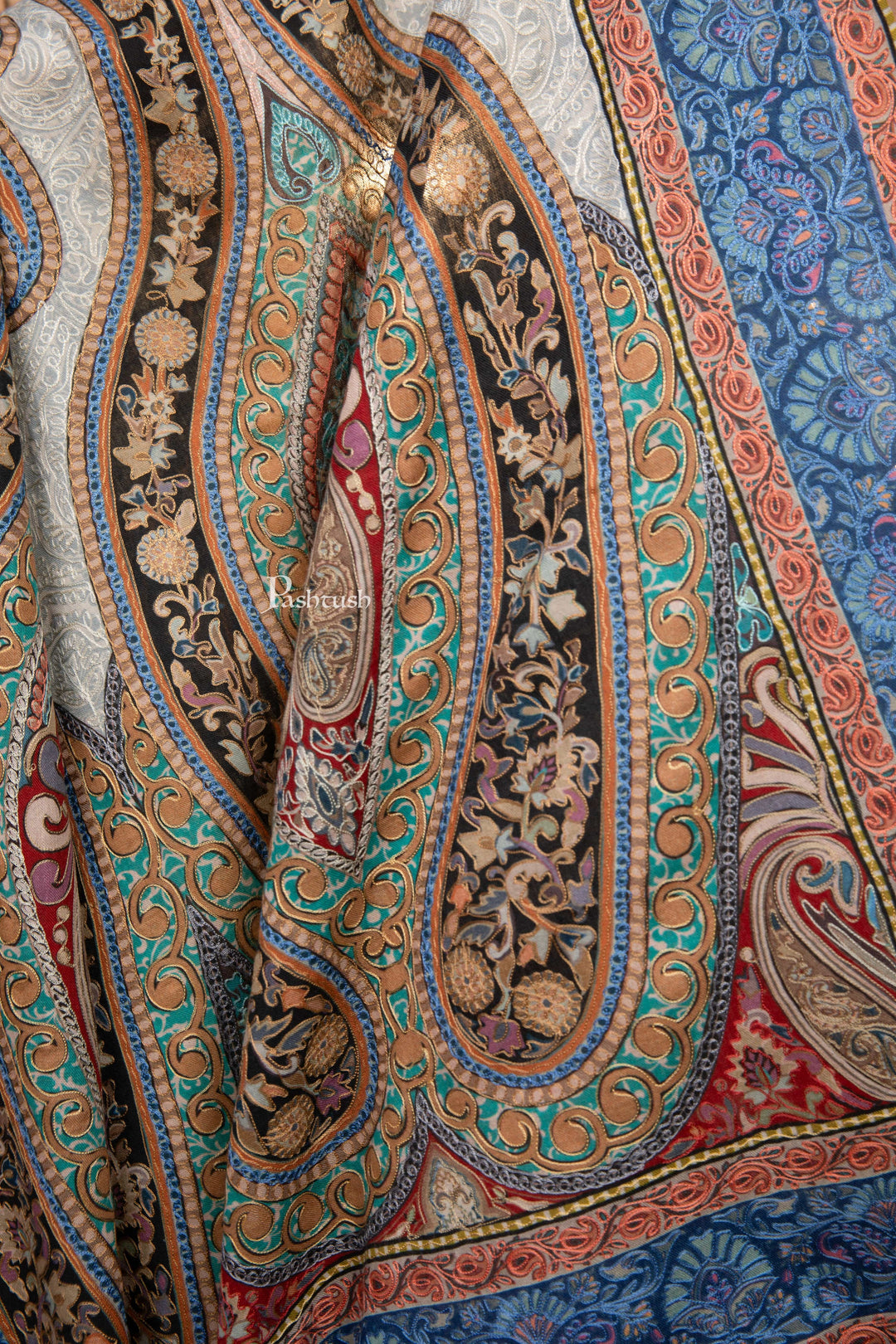 Pashtush India Womens Shawls Pashtush Womens Kalamkari Shawl, Extra Fine Silk Wool with Embroidery, Ivory and Blue