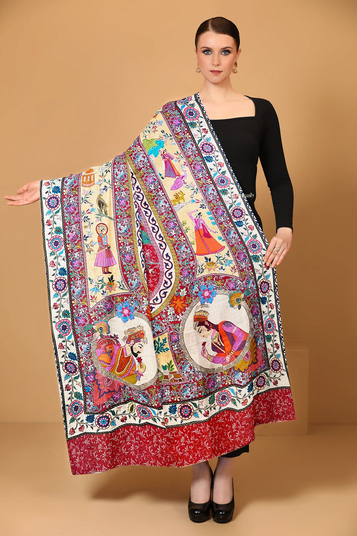 Pashtush India Womens Shawls Pashtush Womens Kalamkari Shawl, Love story, Jashn-e-Ishq Design Hand Embroidered Tilla Work