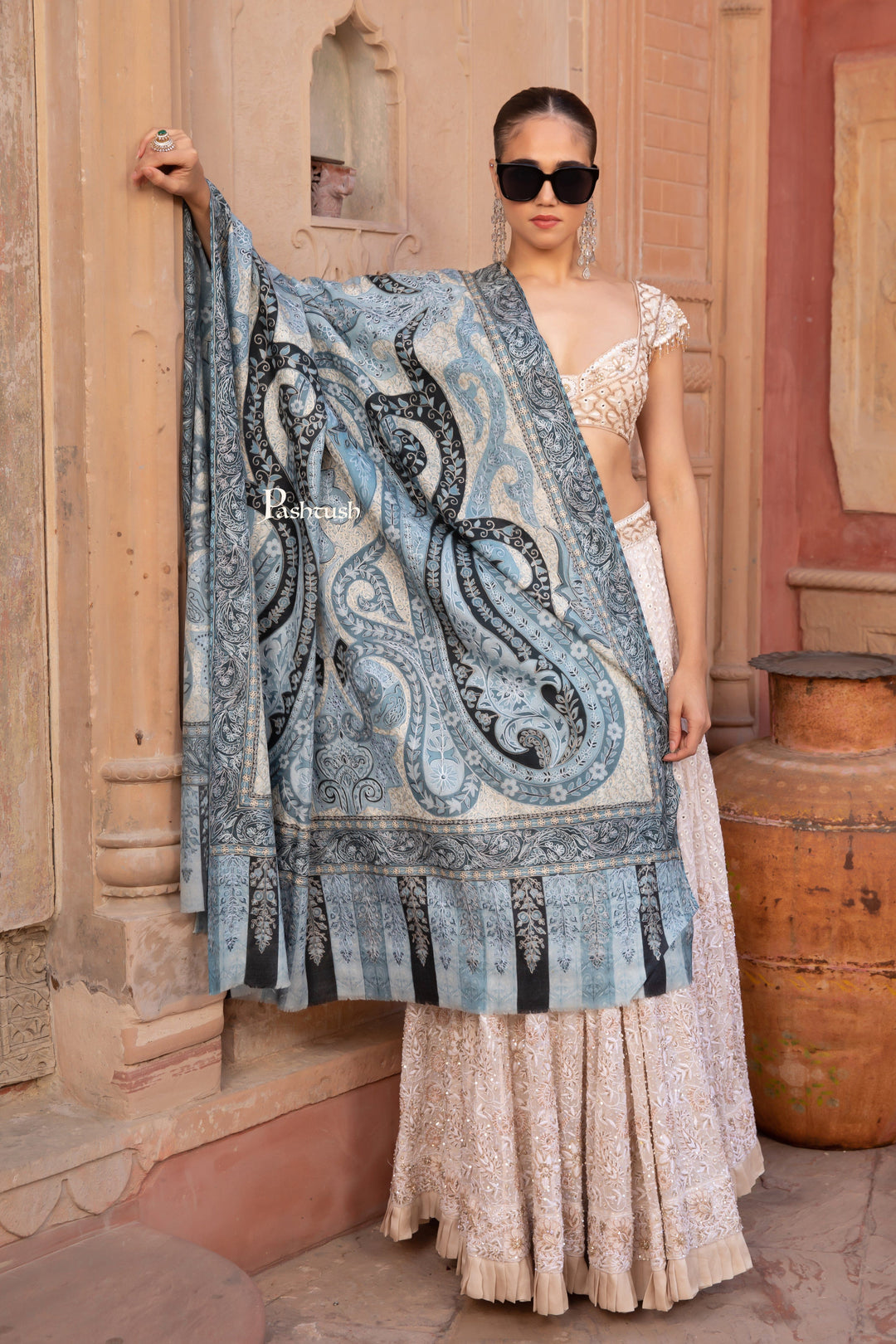 Pashtush India Womens Shawls Pashtush Womens Kalamkari Shawl, Outline Hand Embroidery, Intricate Paisley Work, Azure