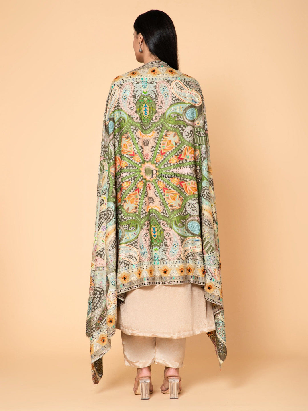 Pashtush India Womens Shawls Pashtush Womens Kalamkari Shawl, Outline Hand Embroidery, Intricate Paisley Work, Azure Pastel Hues