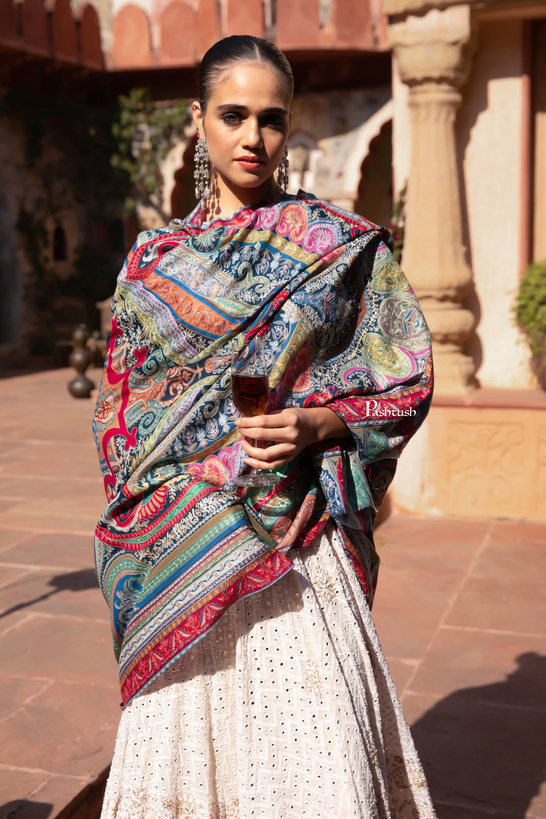 Pashtush India Womens Shawls Pashtush Womens Kalamkari Shawl with Hand Embroidered Outline Work, Fine Wool, Multicolour