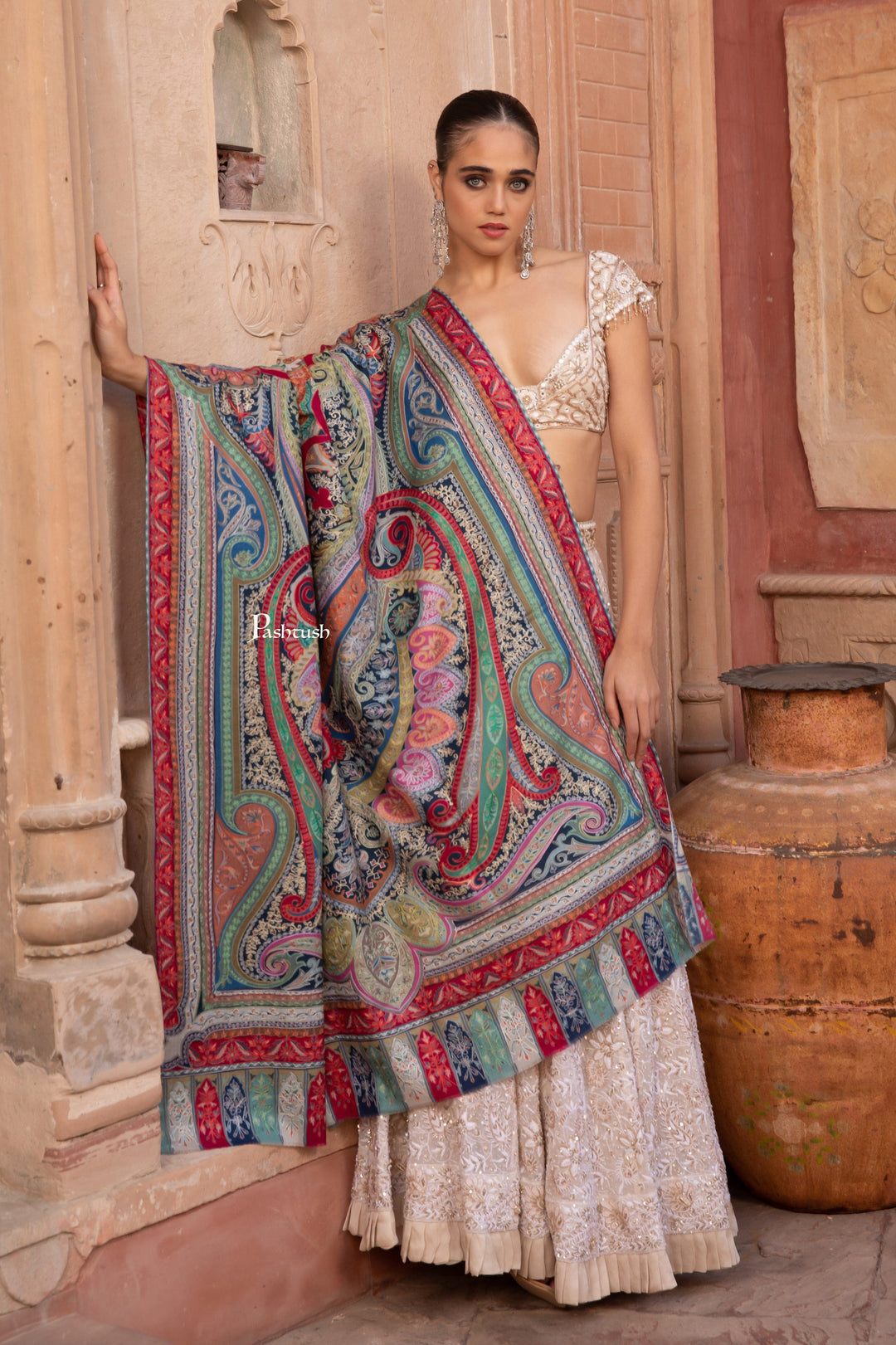 Pashtush India Womens Shawls Pashtush Womens Kalamkari Shawl with Hand Embroidered Outline Work, Fine Wool, Multicolour