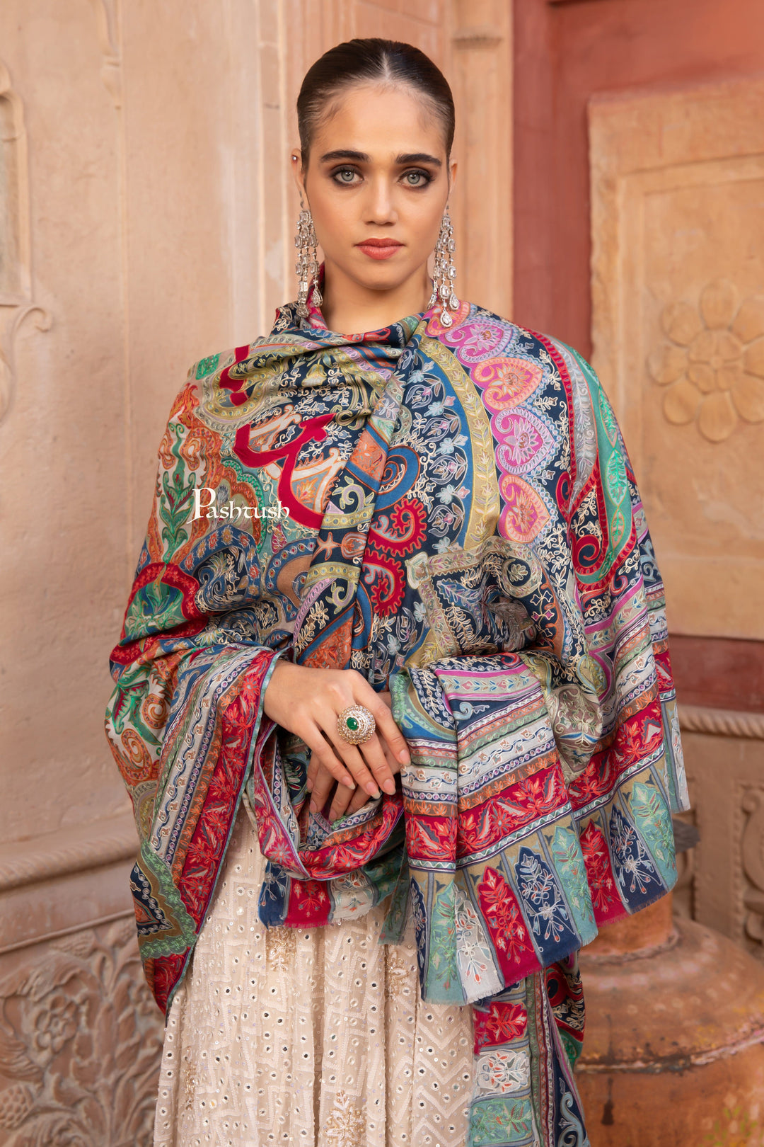 Pashtush India Womens Shawls Pashtush Womens Kalamkari Shawl with Hand Embroidered Outline Work, Fine Wool, Multicolour