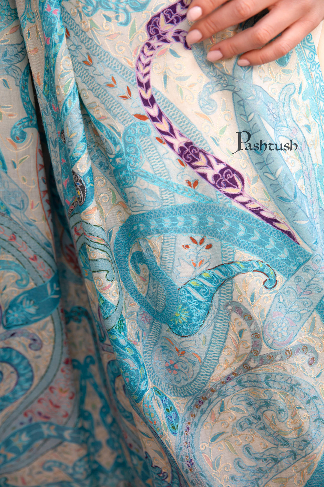 Pashtush India Womens Shawls Pashtush Womens Kalamkari Shawl with Hand Embroidered Outline Work, Fine Wool, Samarkand Blue