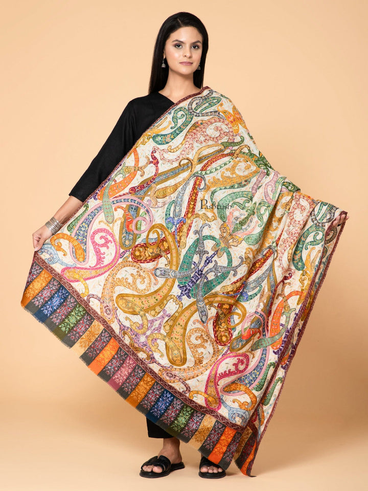 Pashtush India Womens Shawls Pashtush Womens Kalamkari Shawl with Hand Embroidered Outline Work, Fine Wool, Shades of Bloom