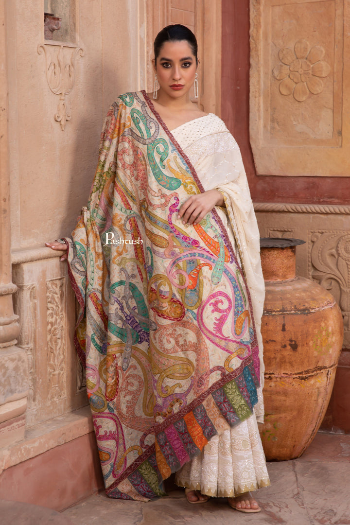 Pashtush India Womens Shawls Pashtush Womens Kalamkari Shawl with Hand Embroidered Outline Work, Fine Wool, Shades of Bloom