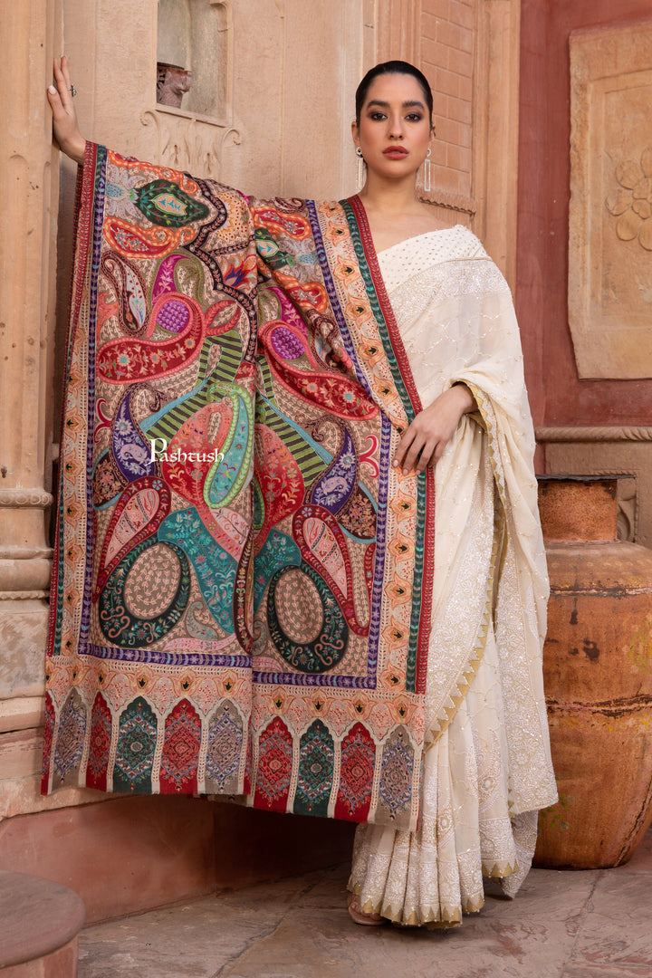 Pashtush India Womens Shawls Pashtush Womens Kalamkari Shawl with Hand Embroidered Outline Work, Fine Wool, Vibrance