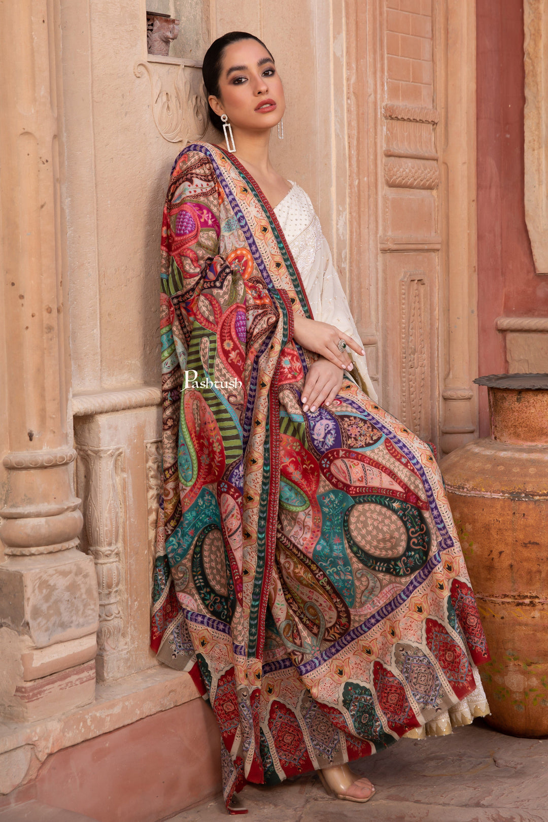 Pashtush India Womens Shawls Pashtush Womens Kalamkari Shawl with Hand Embroidered Outline Work, Fine Wool, Vibrance