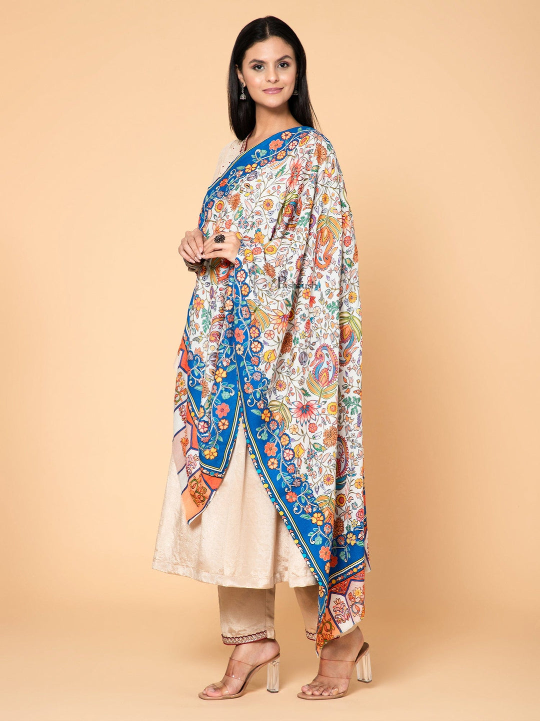 Pashtush India Womens Shawls Pashtush Womens Kalamkari Stole, Outline Hand Embroidery, Blue and Ivory, Seasons of Bloom