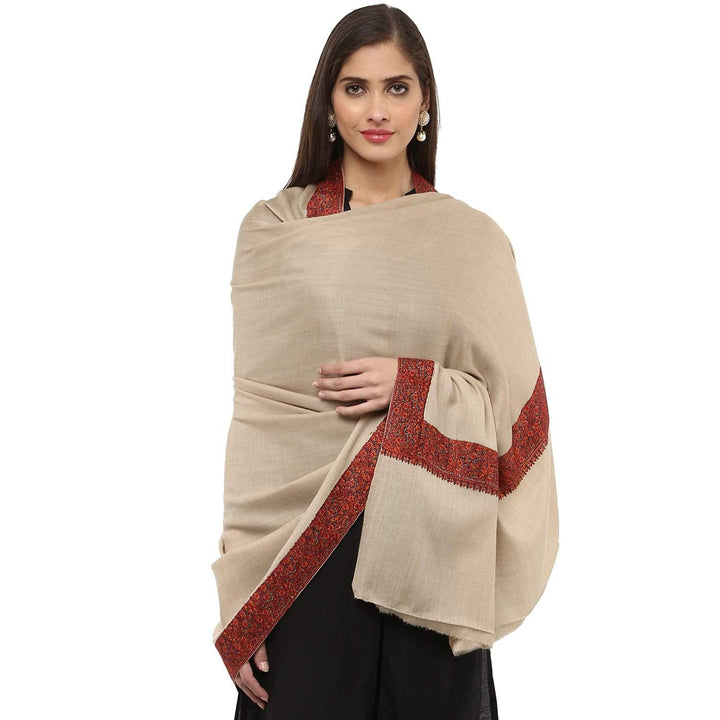 Pashtush India 100x200 Pashtush Womens Kashmiri Embroidery Shawl, 100% Pure Wool Shawls, Taupe