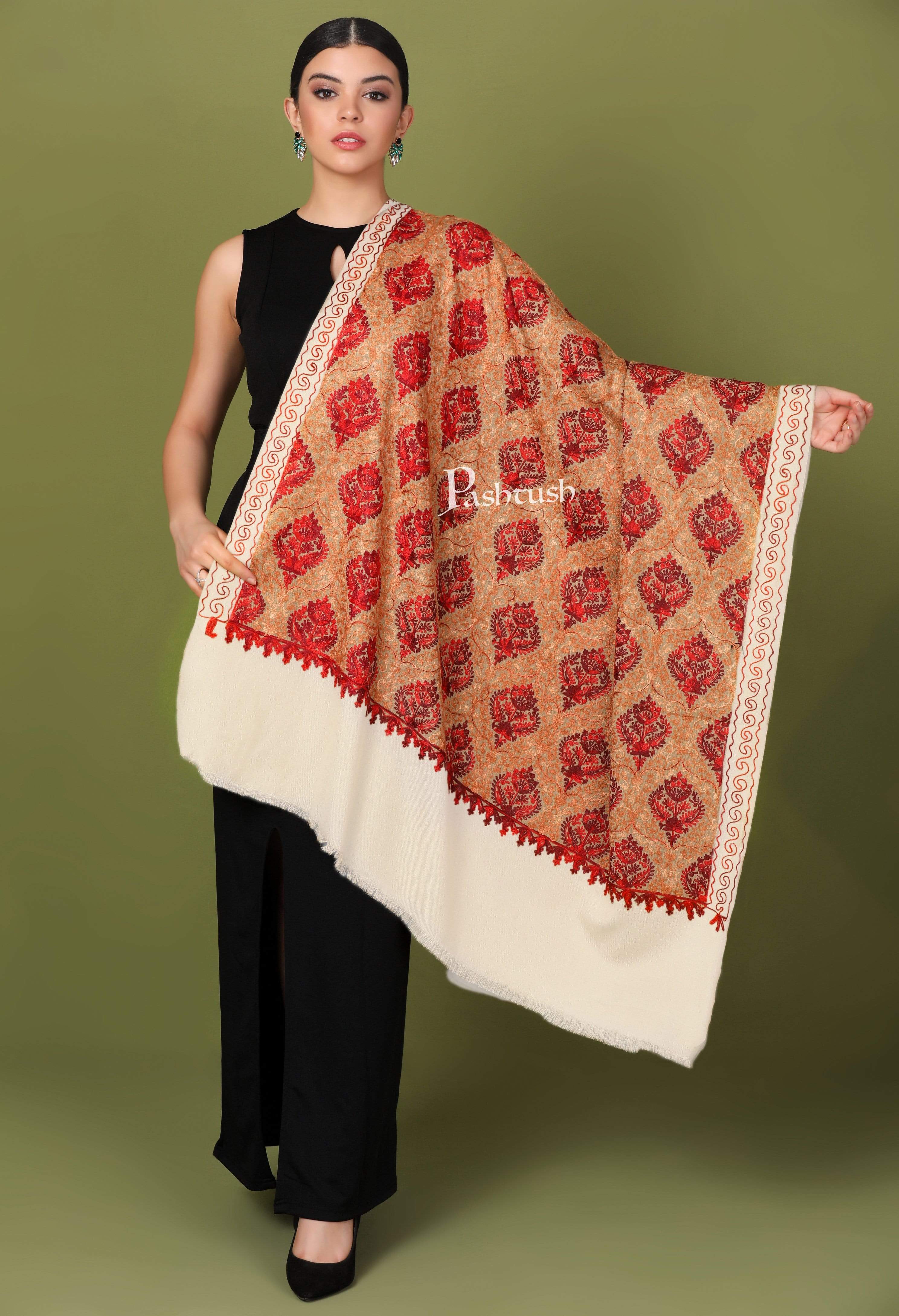 Kashmiri White Aari Multicoloured Embroidery Stole, Shawl, shops & Wrap Women's Handmade White Aari Embroidery Stole Christmas best gift.