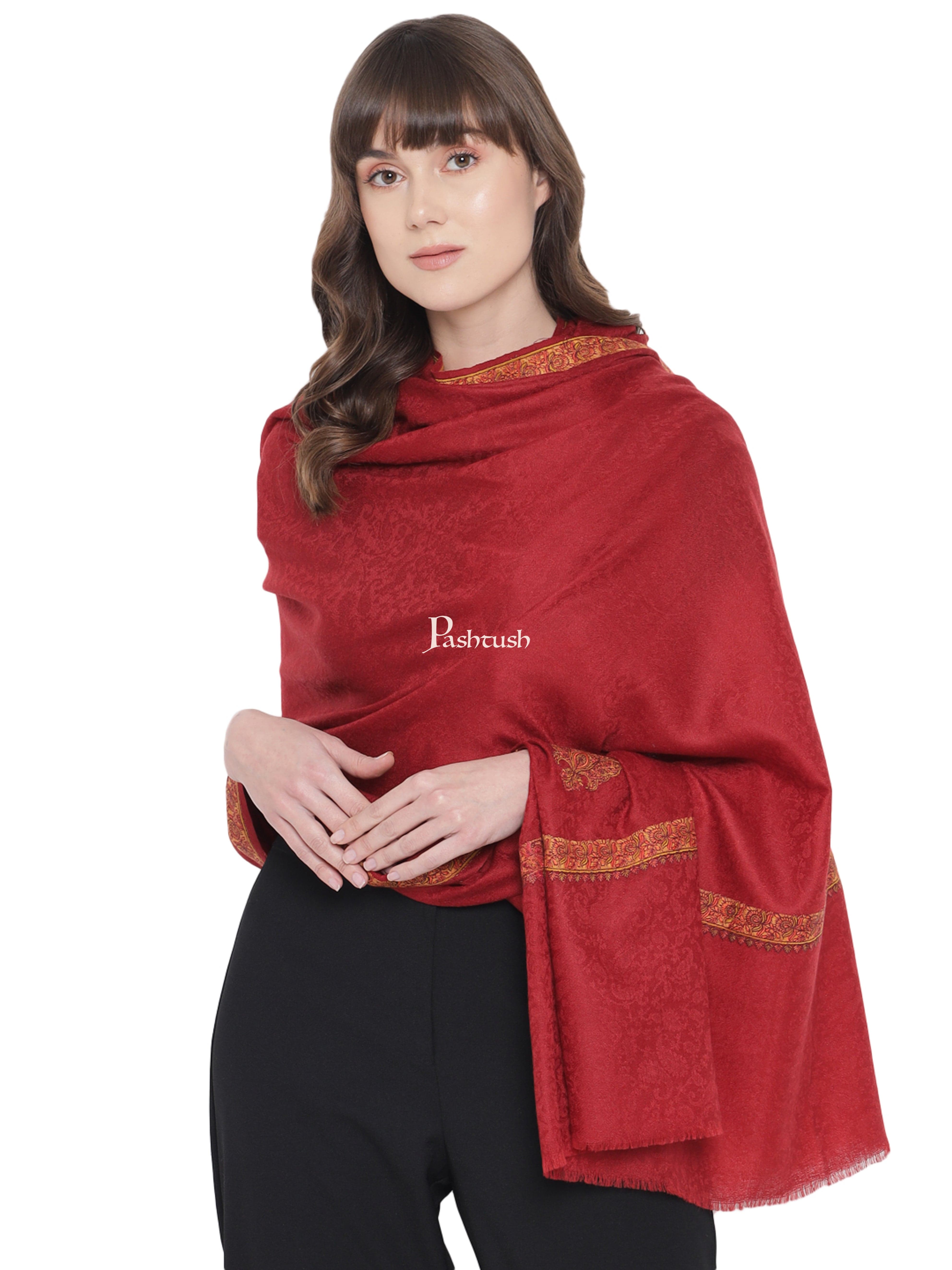 Store Large Rusty Red Kingri Hand Embroidered Cashmere Pashmina Shawl, Winter Wrap