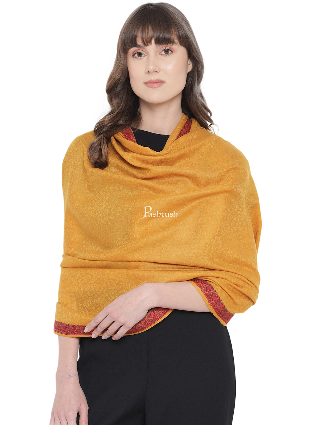 Pashtush India Womens Shawls Pashtush Womens Kingri Embroidery Shawl, Fine Wool, Border, Self Weave, Mustard