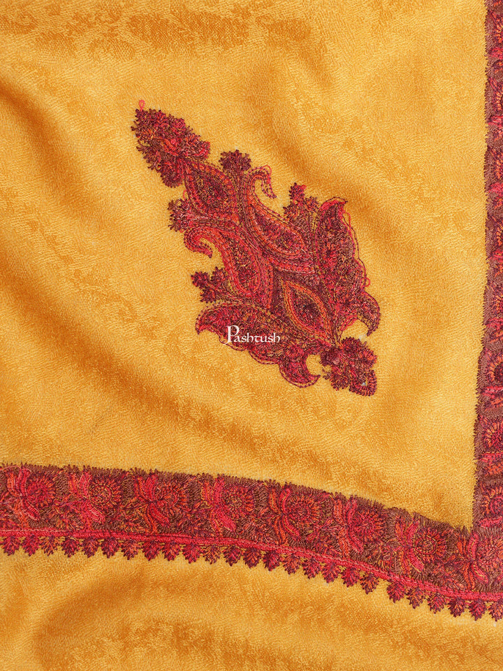 Pashtush India Womens Shawls Pashtush Womens Kingri Embroidery Shawl, Fine Wool, Border, Self Weave, Mustard