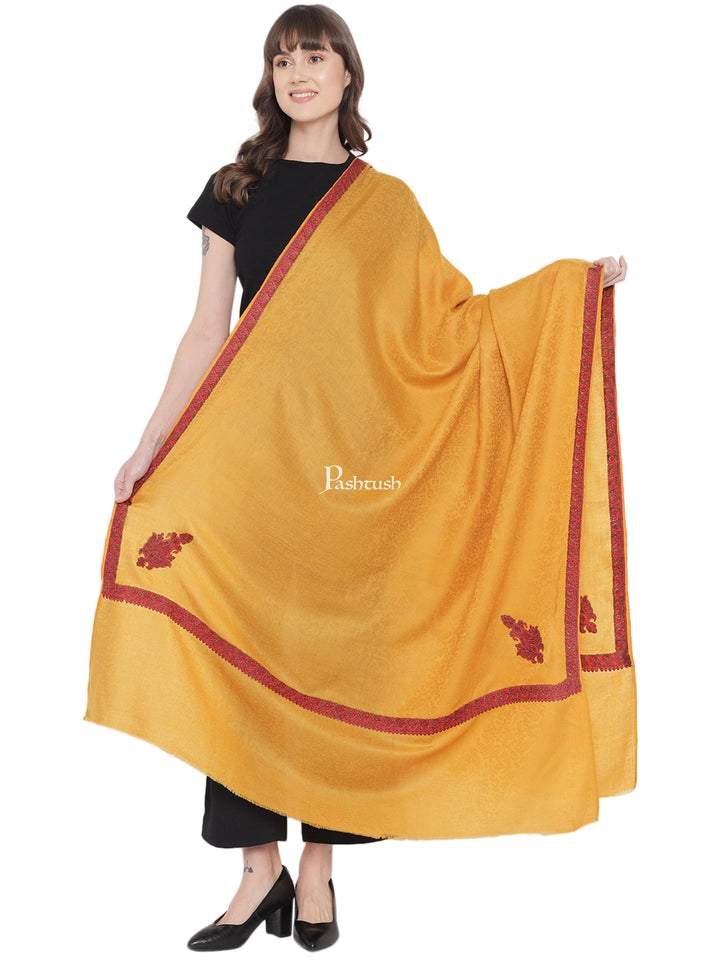 Pashtush India Womens Shawls Pashtush Womens Kingri Embroidery Shawl, Fine Wool, Border, Self Weave, Mustard