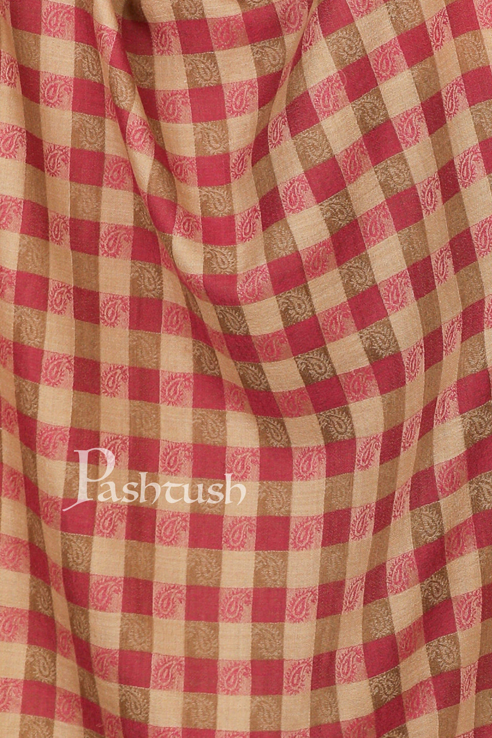 Pashtush India Stole Pashtush Womens Luxury Wool Check Scarf,  Reversible, Extra-Fine, Beige and Pink