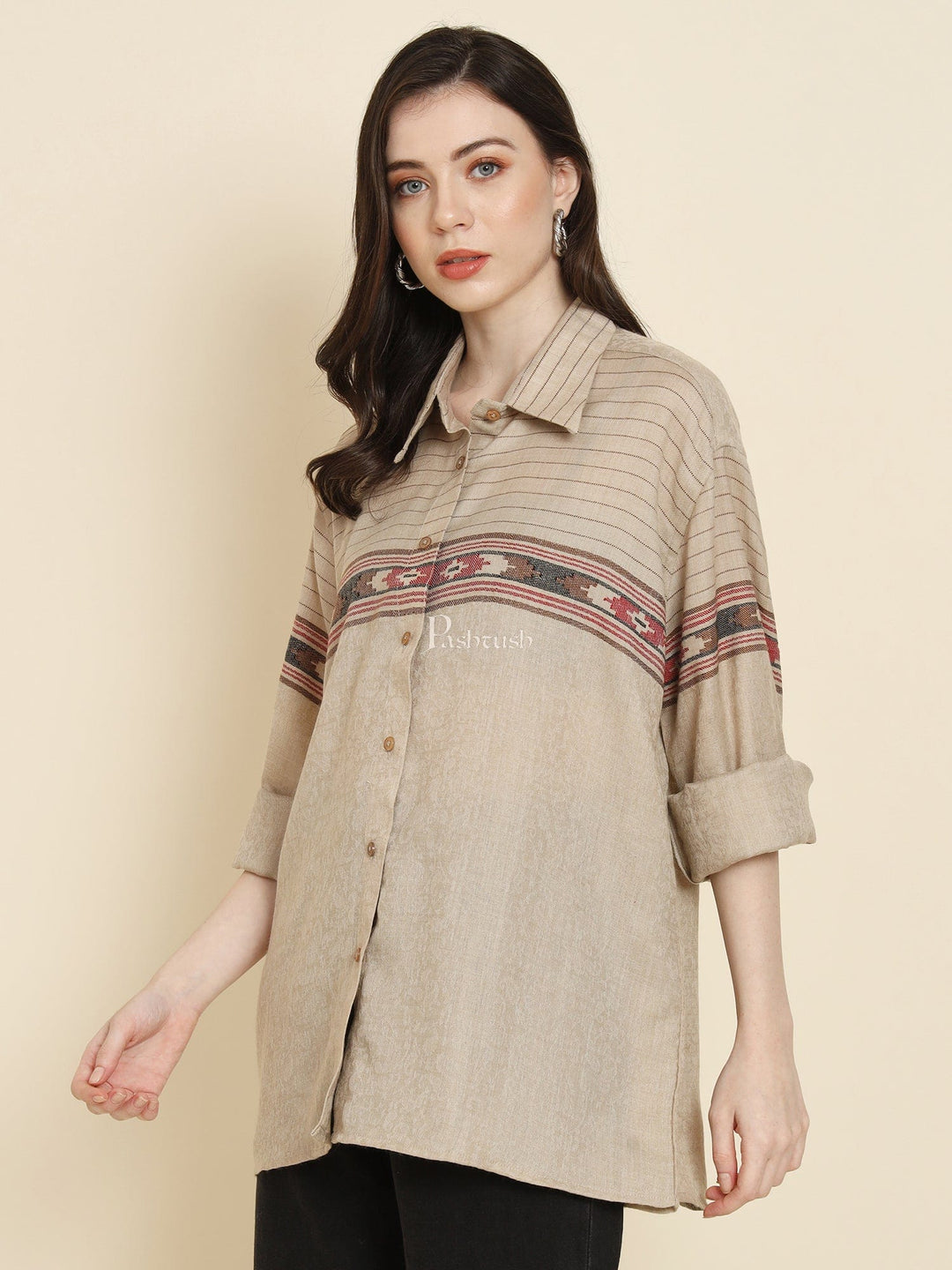 Pashtush India Womens Shirt Pashtush Womens Oversized Casual Woollen Shirt, Beige