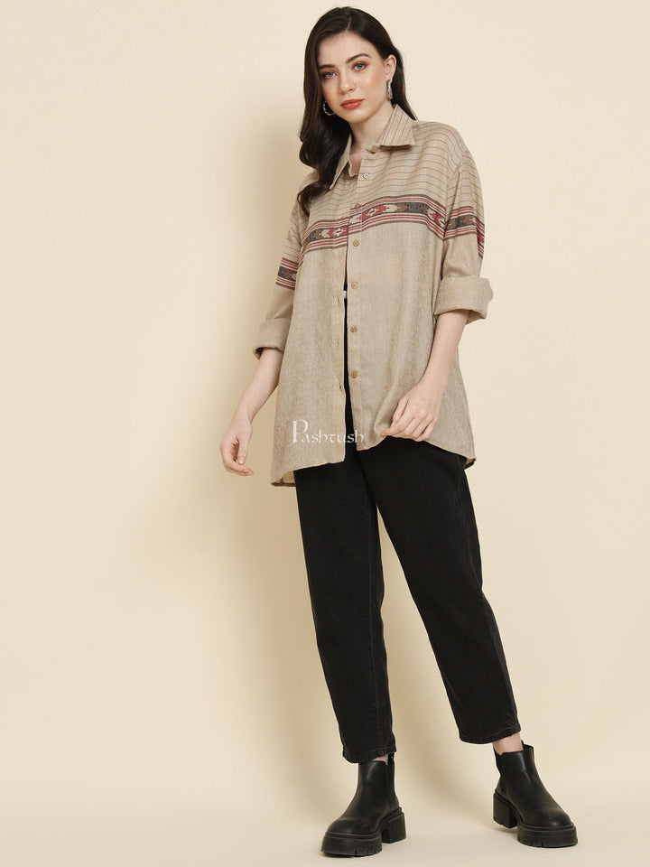 Pashtush India Womens Shirt Pashtush Womens Oversized Casual Woollen Shirt, Beige