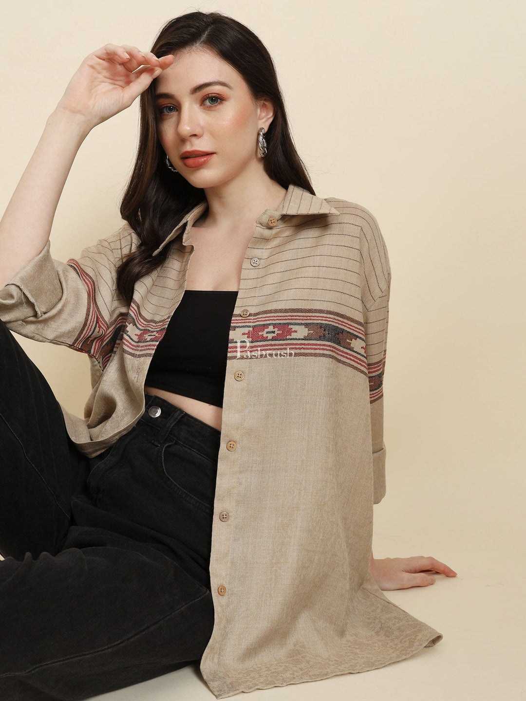 Pashtush India Womens Shirt Pashtush Womens Oversized Casual Woollen Shirt, Beige