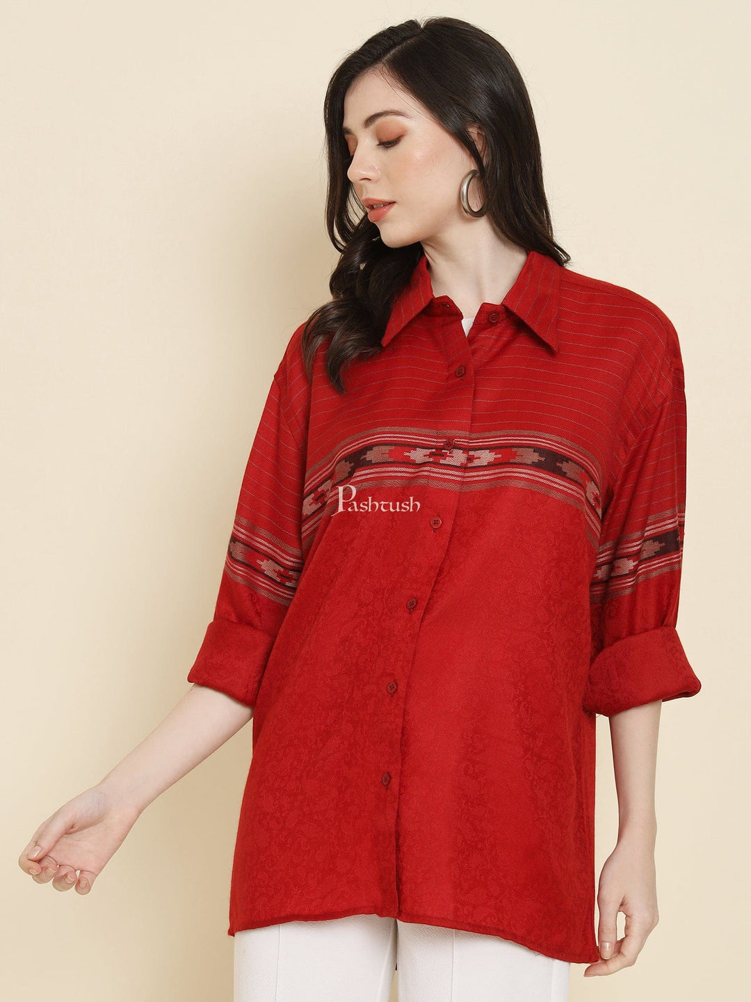 Pashtush India Womens Shirt Pashtush Womens Oversized Casual Woollen Shirt, Cherry Red