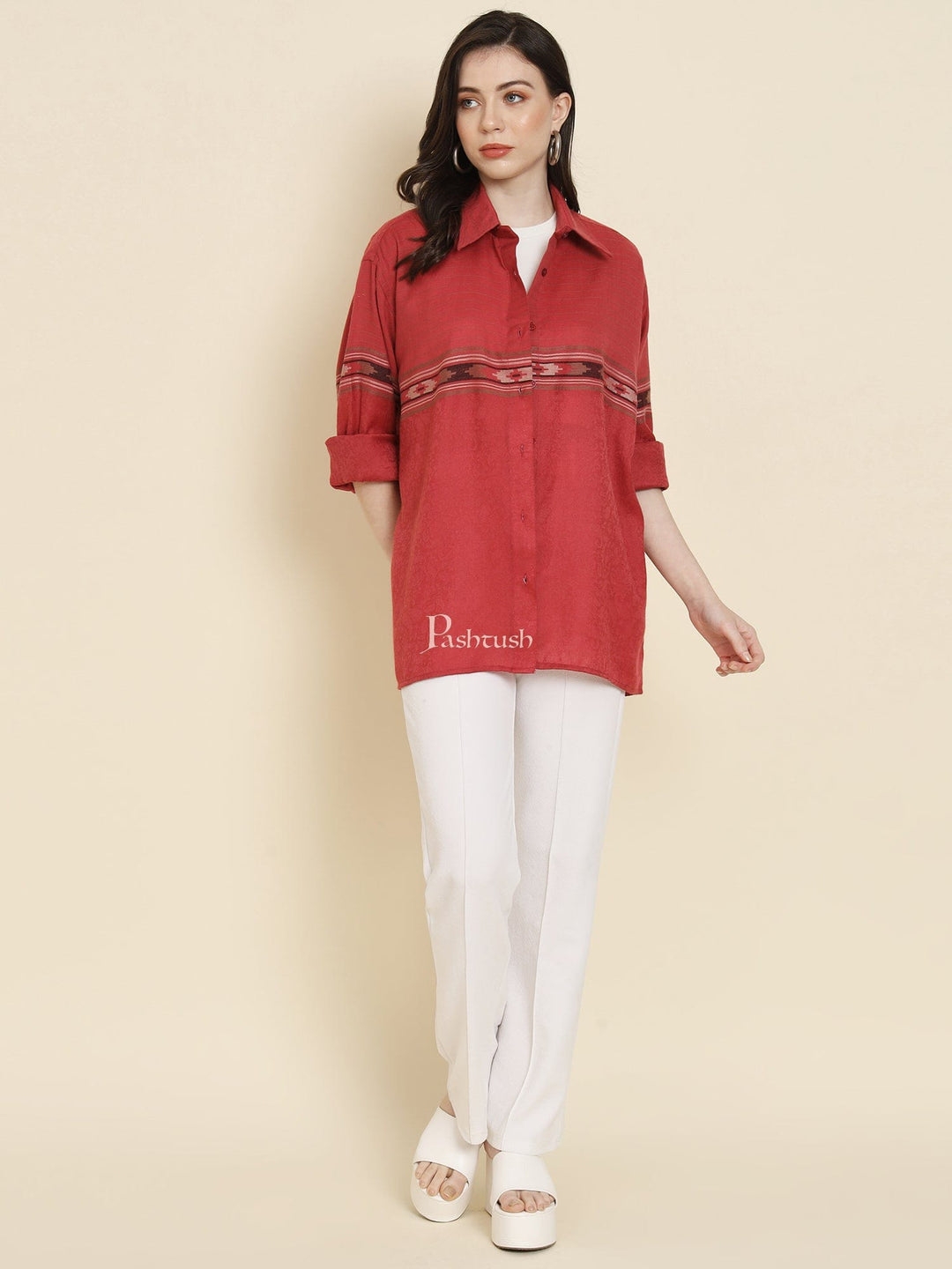 Pashtush India Womens Shirt Pashtush Womens Oversized Casual Woollen Shirt, Persian Red