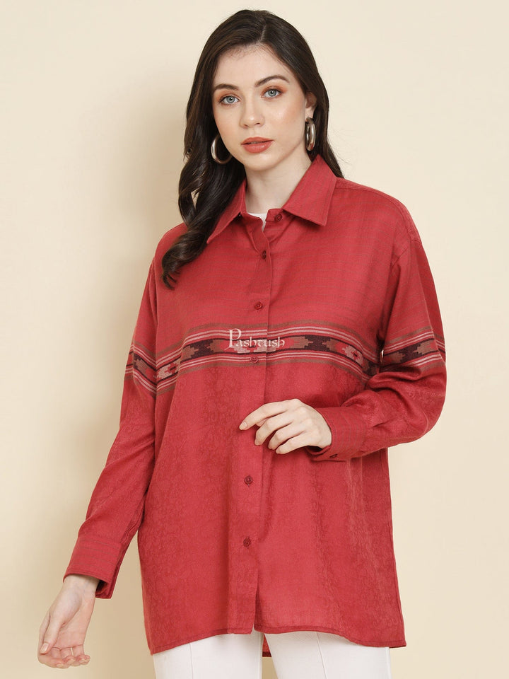 Pashtush India Womens Shirt Pashtush Womens Oversized Casual Woollen Shirt, Persian Red