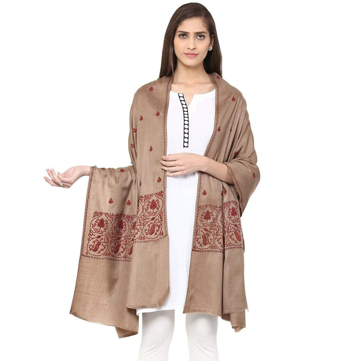 Pashtush Womens Palla Booti Embroidery Wool Shawl - Dark Beige