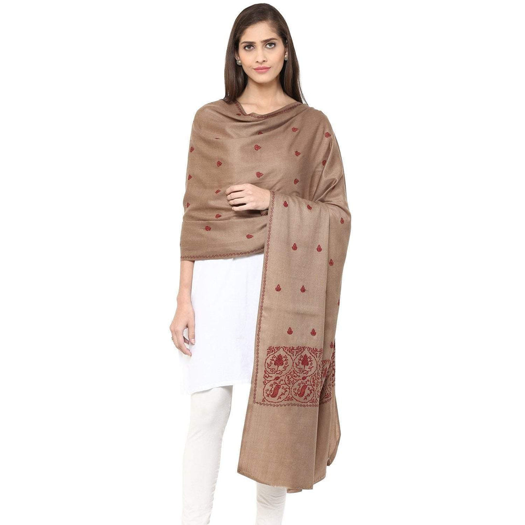 Pashtush Womens Palla Booti Embroidery Wool Shawl - Dark Beige