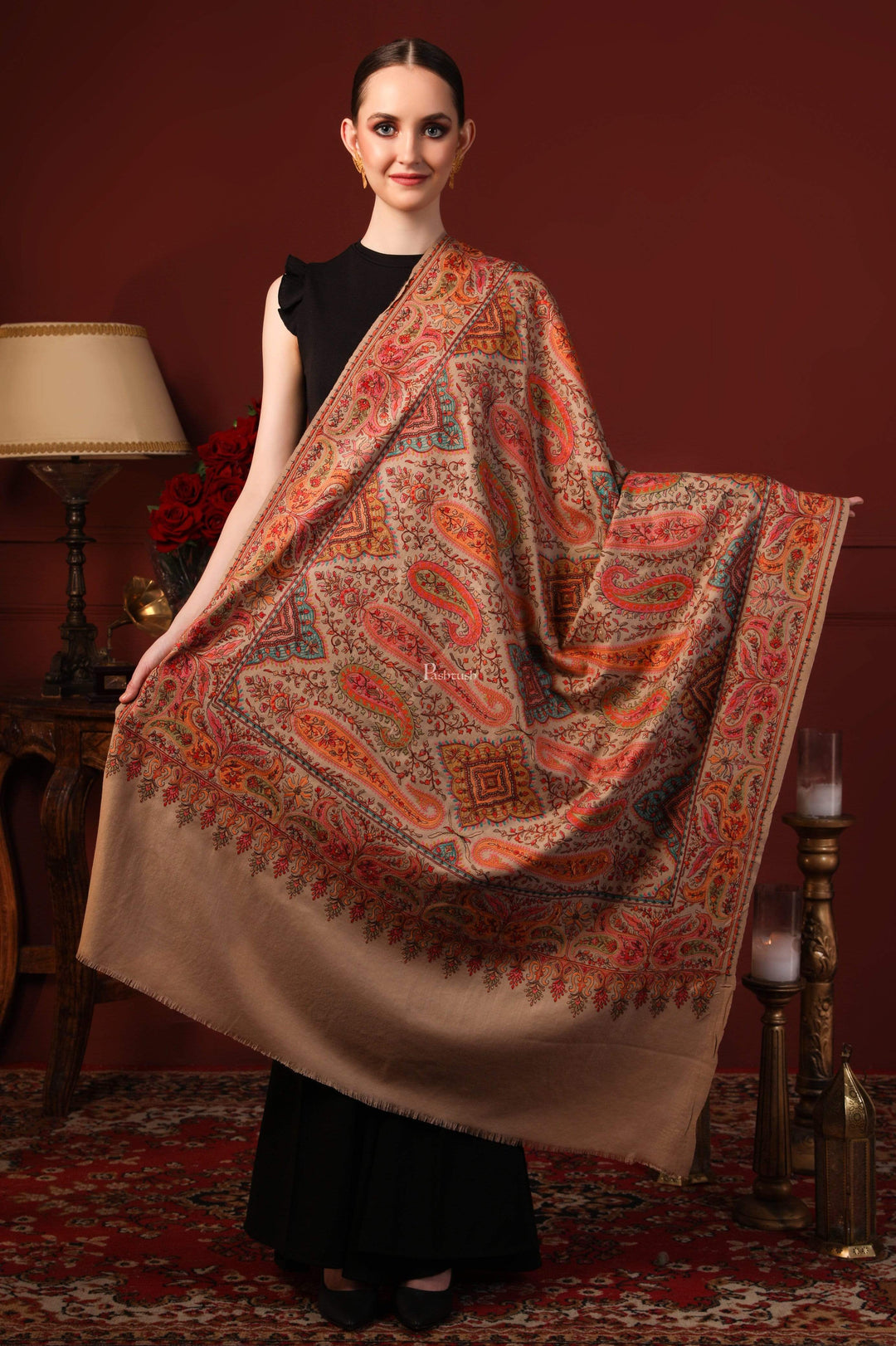 Pashtush India 100x200 Pashtush Womens Papier-mâché Embroidered Shawl, Fine Wool with Silky Embroidery, Beige