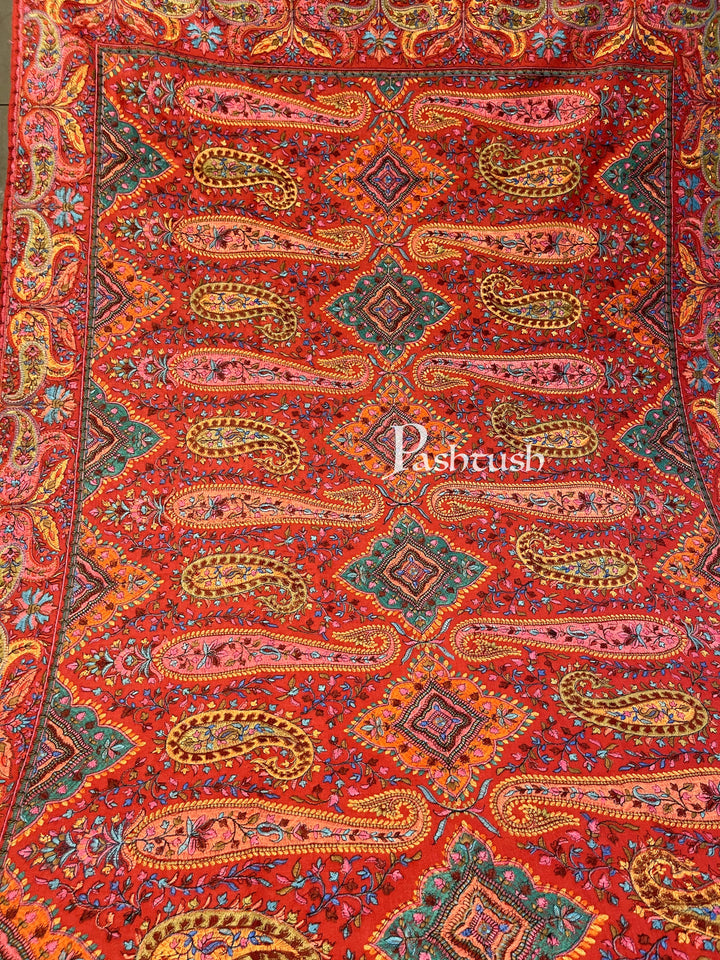 Pashtush India 100x200 Pashtush Womens Papier-mâché Embroidered Shawl, Fine Wool with Silky Embroidery, Scarlet Red