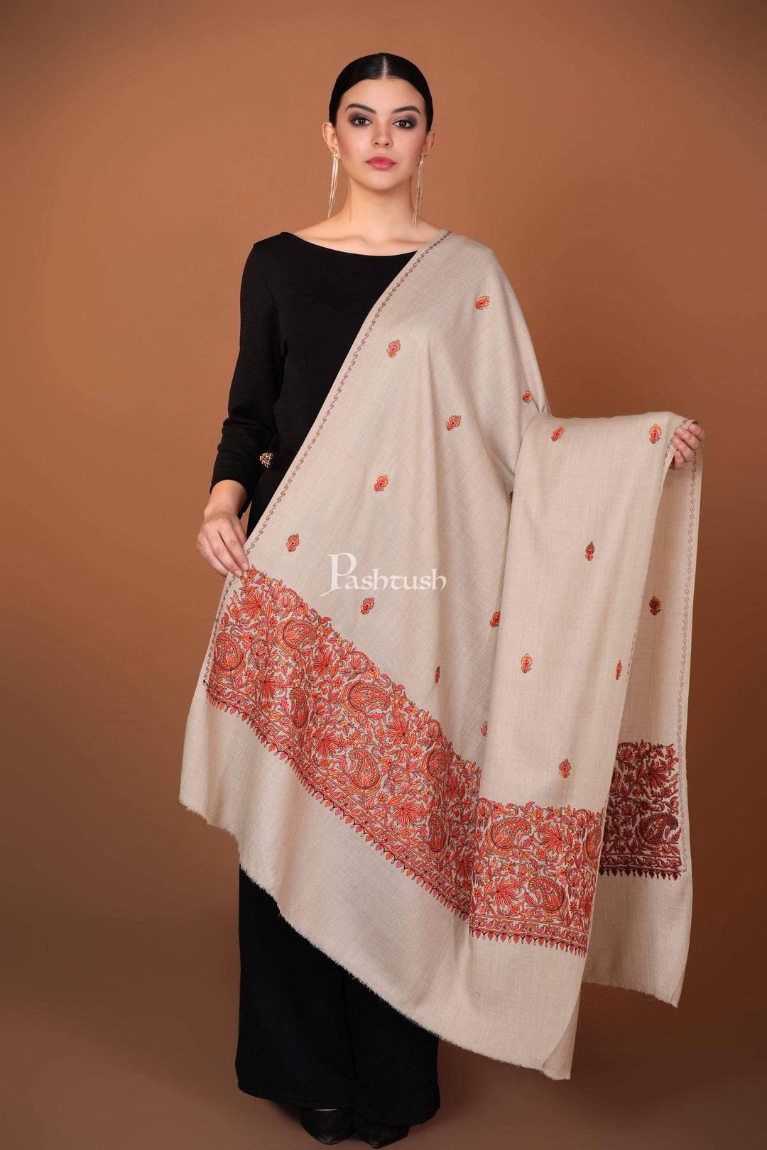 Pashtush India Shawl Pashtush Womens Papier Machè Embroidery Palla Shawl - Taupe