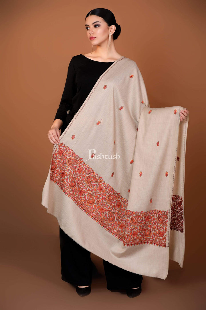 Pashtush India Shawl Pashtush Womens Papier Machè Embroidery Palla Shawl - Taupe