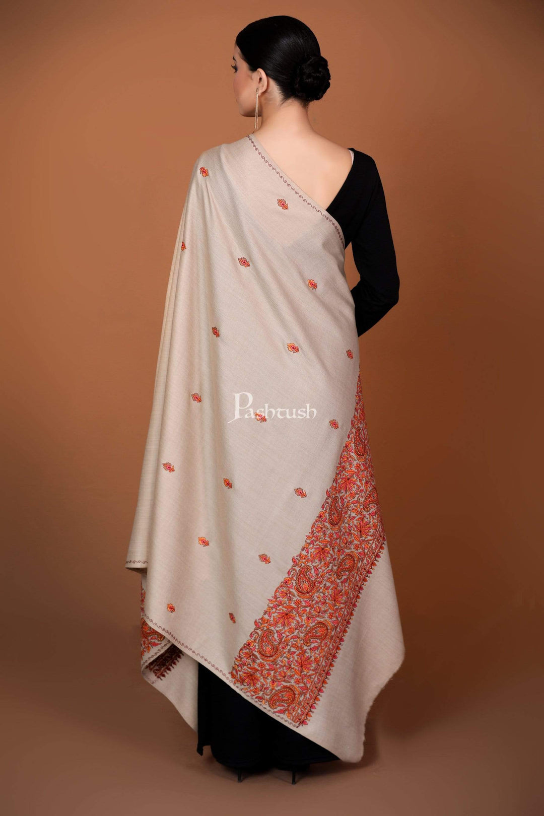 Pashtush India Shawl Pashtush Womens Papier Machè Embroidery Palla Shawl - Taupe