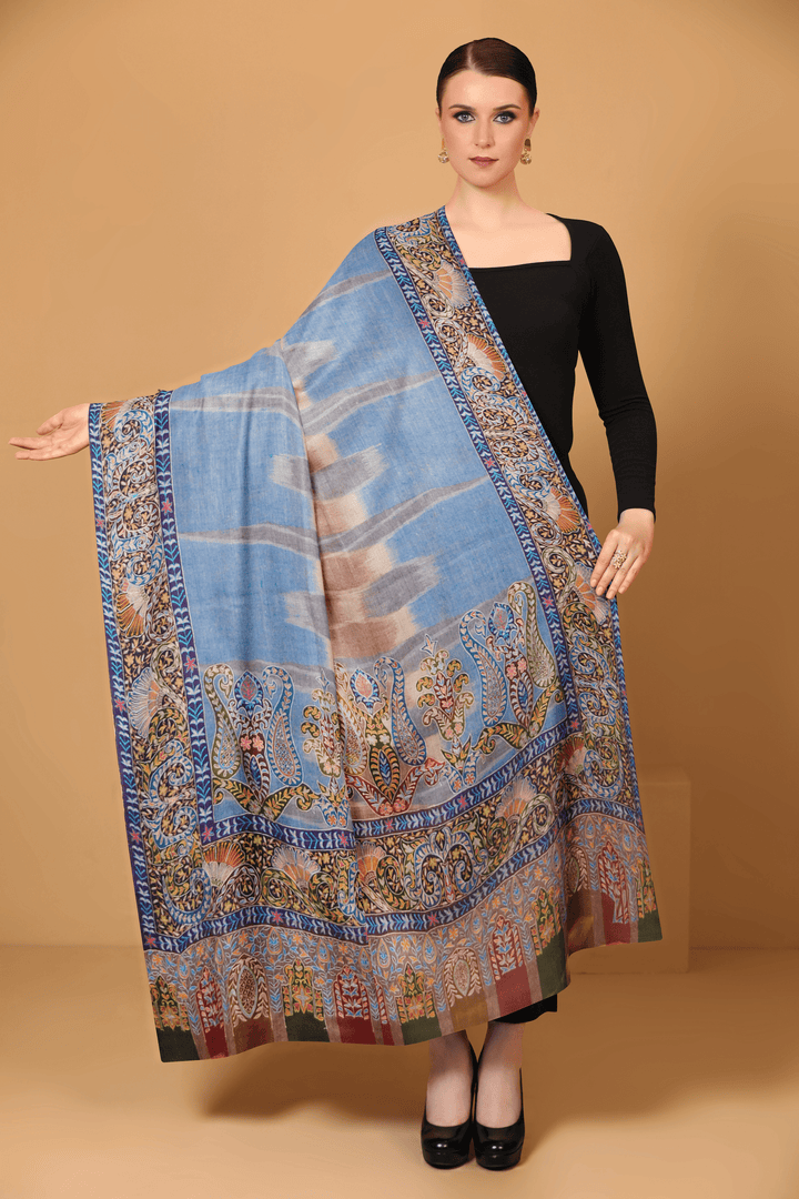 Pashtush India Womens Shawls Pashtush Womens Pashmina, Hand Embroidered Hand Painted Kalamkari Shawl, Ikkat Weave