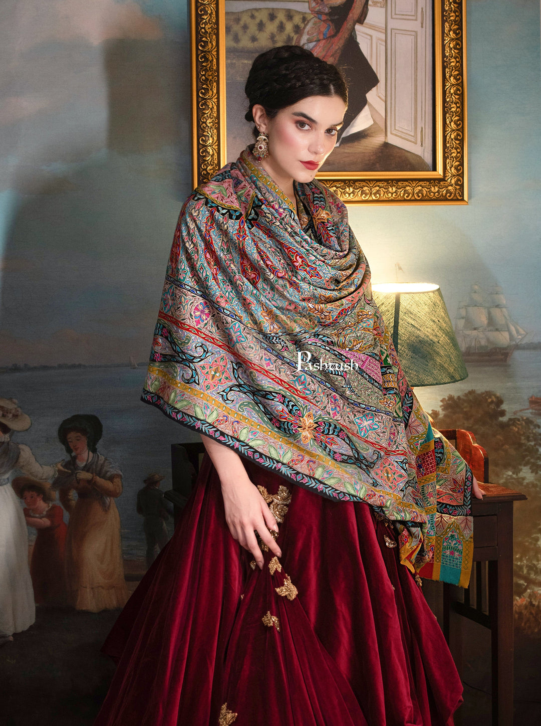 Pashtush India Womens Shawls Pashtush Womens Pashmina, Hand Embroidered Hand Painted Kalamkari Shawl, Multicoloured